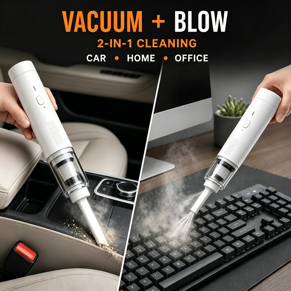 Mini Car Vacuum — Fits a Door Pocket, 12,000 Pa Brushless Motor, 2-in-1 Vacuum & Blower