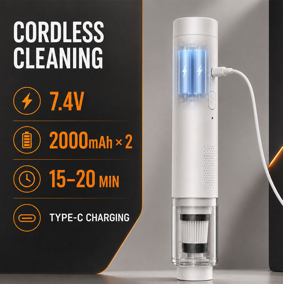 Mini Car Vacuum — Fits a Door Pocket, 12,000 Pa Brushless Motor, 2-in-1 Vacuum & Blower