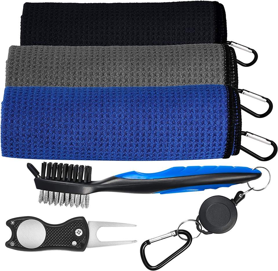 3-in-1 Golf Cleaning Kit – Waffle Microfiber Towel, Dual-Bristle Club Brush & Foldable Divot Tool with Ball Marker