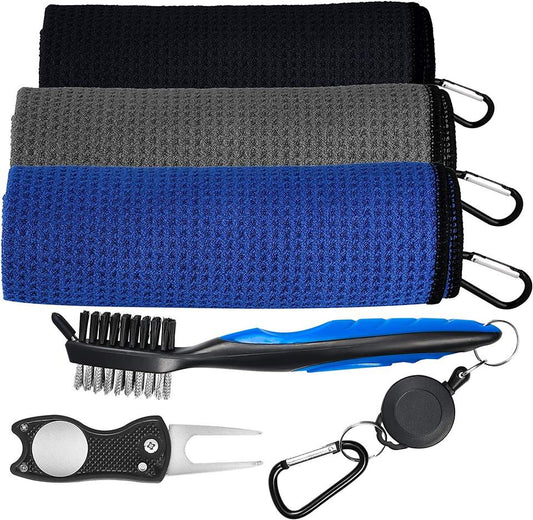 3-in-1 Golf Cleaning Kit – Waffle Microfiber Towel, Dual-Bristle Club Brush & Foldable Divot Tool with Ball Marker