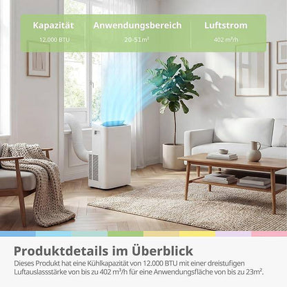 PRO - Mobile Klimaanlage 4-in-1, Kapazität 12000 BTU/h, Kühlung, Belüftung, Heizung, Entfeuchtung
