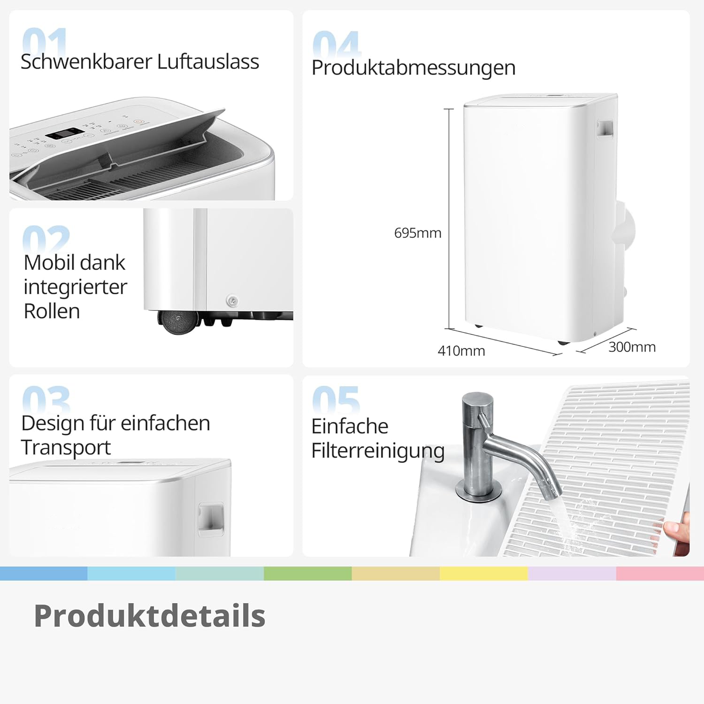 PRO - Mobile Klimaanlage 4-in-1, Kapazität 12000 BTU/h, Kühlung, Belüftung, Heizung, Entfeuchtung